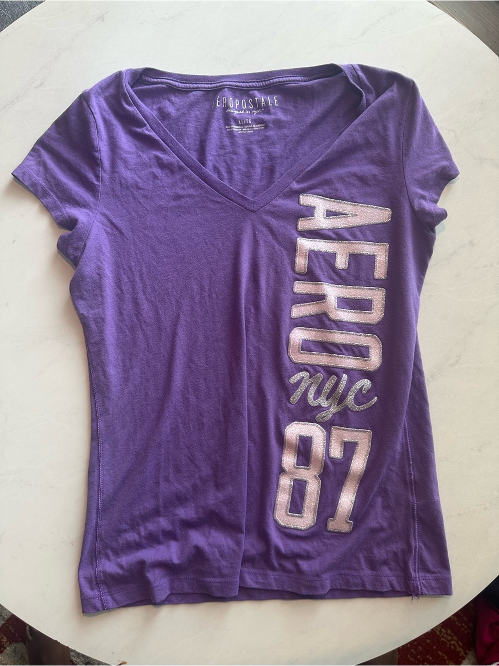 Y2K Aeropostale Purple V-Neck Graphic Tee with Aero NYC 87